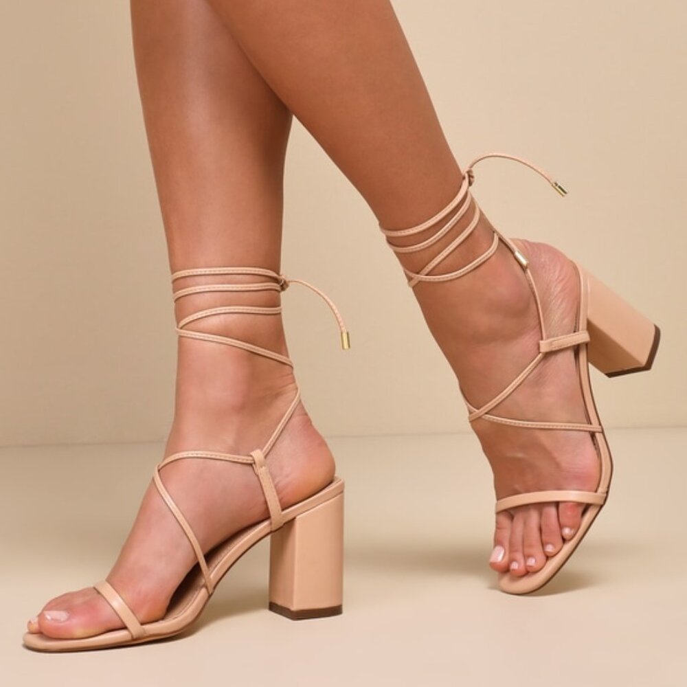 Lulus Aribaa Light Nude Lace-up High Heel Sandals Beige (Size 8.5)